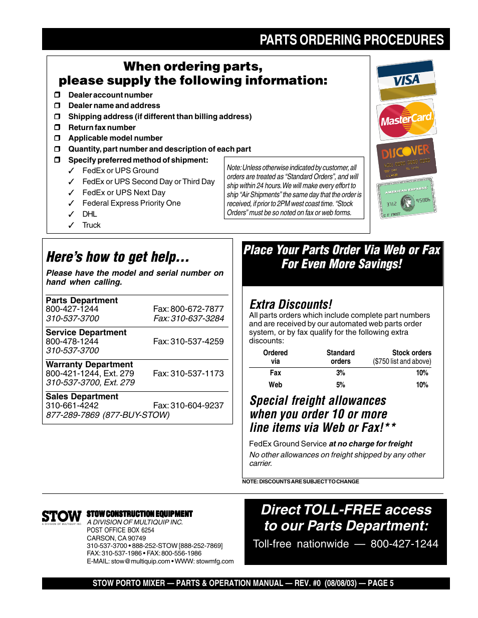 Parts ordering procedures, Here’s how to get help, Direct toll-free access to our parts department | Extra discounts | Multiquip SMC3PB User Manual | Page 5 / 42