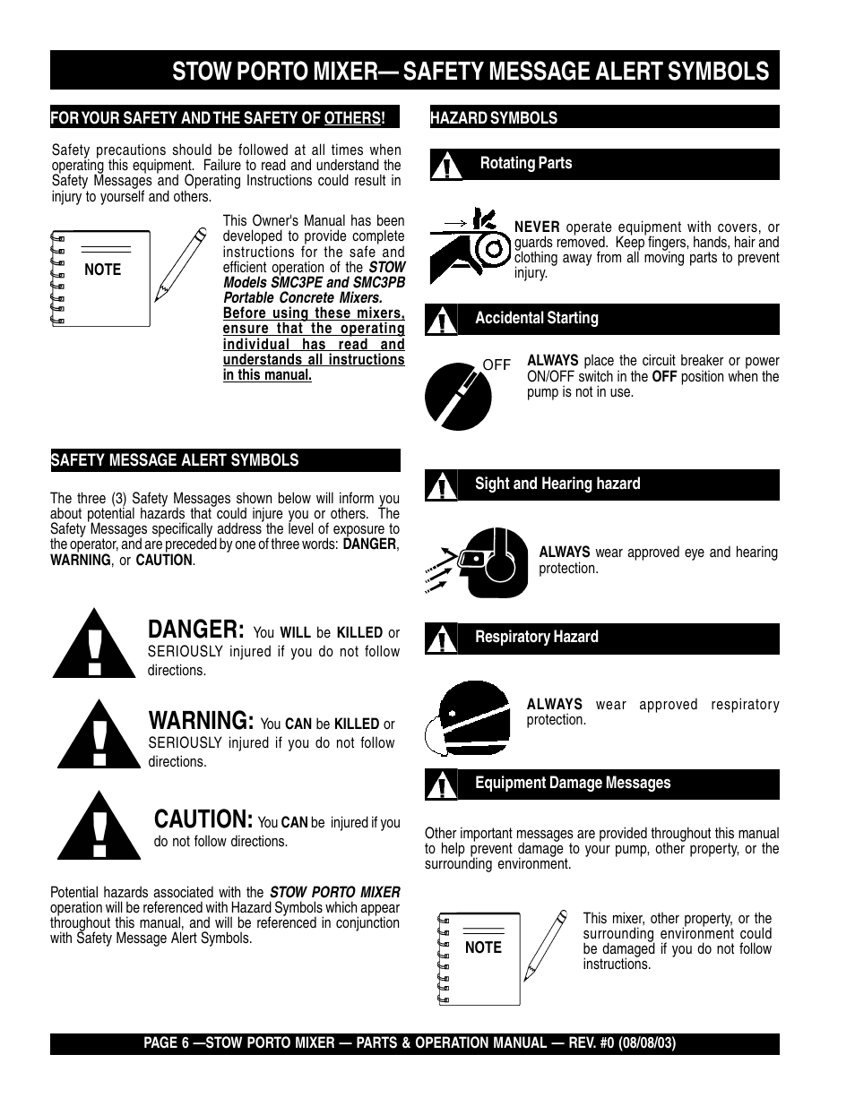 Stow porto mixer— safety message alert symbols, Danger, Warning | Caution | Multiquip SMC3PB User Manual | Page 6 / 42