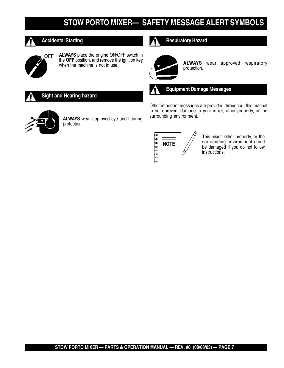 Stow porto mixer— safety message alert symbols | Multiquip SMC3PB User Manual | Page 7 / 42