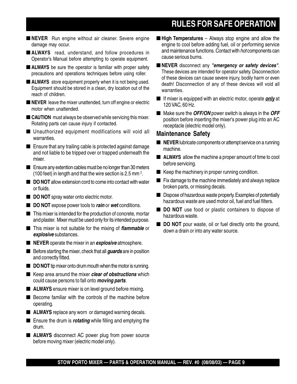 Rules for safe operation, Maintenance safety | Multiquip SMC3PB User Manual | Page 9 / 42