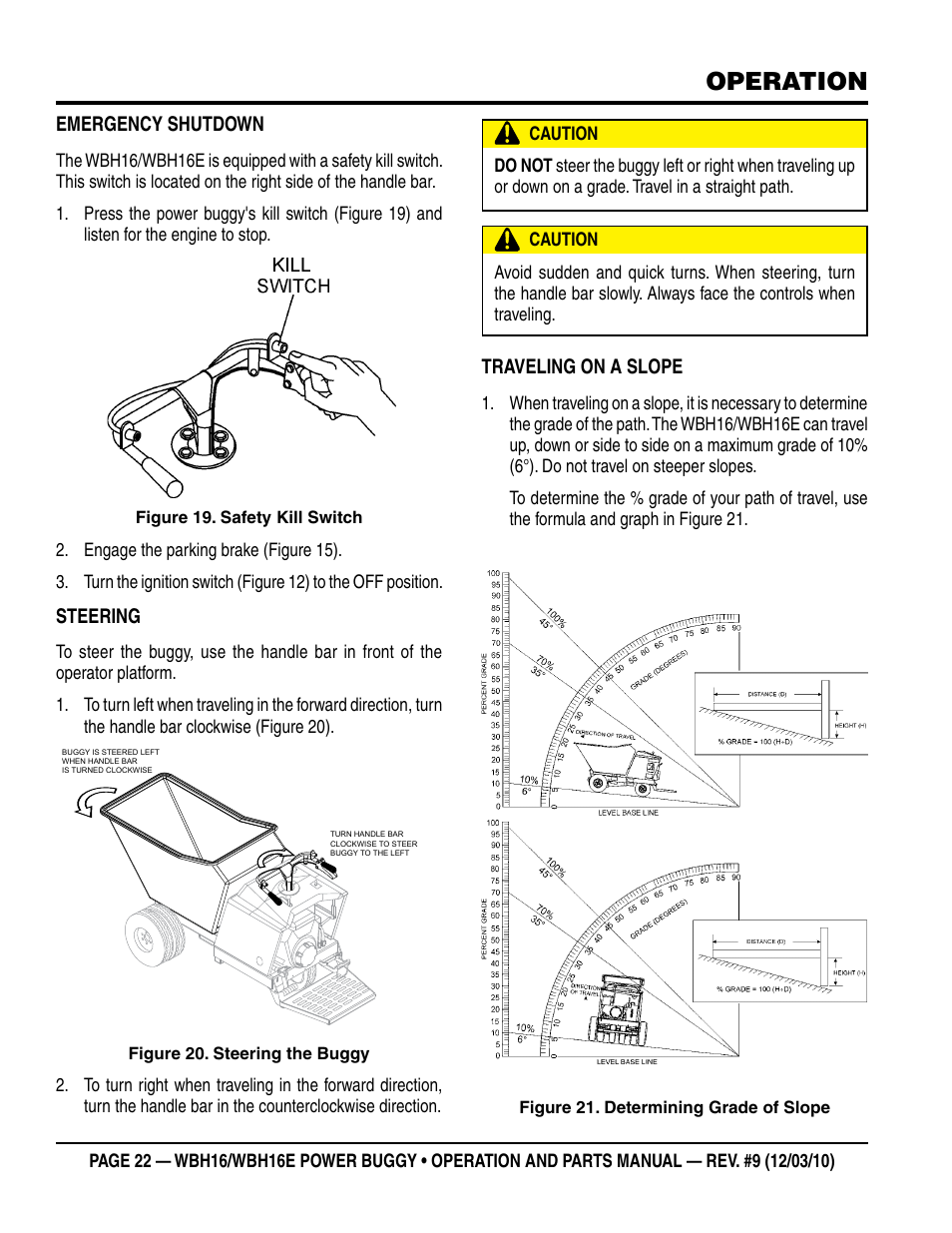 Operation, Emergency shutdown, Steering | Traveling on a slope | Multiquip WBH16_16E User Manual | Page 22 / 30