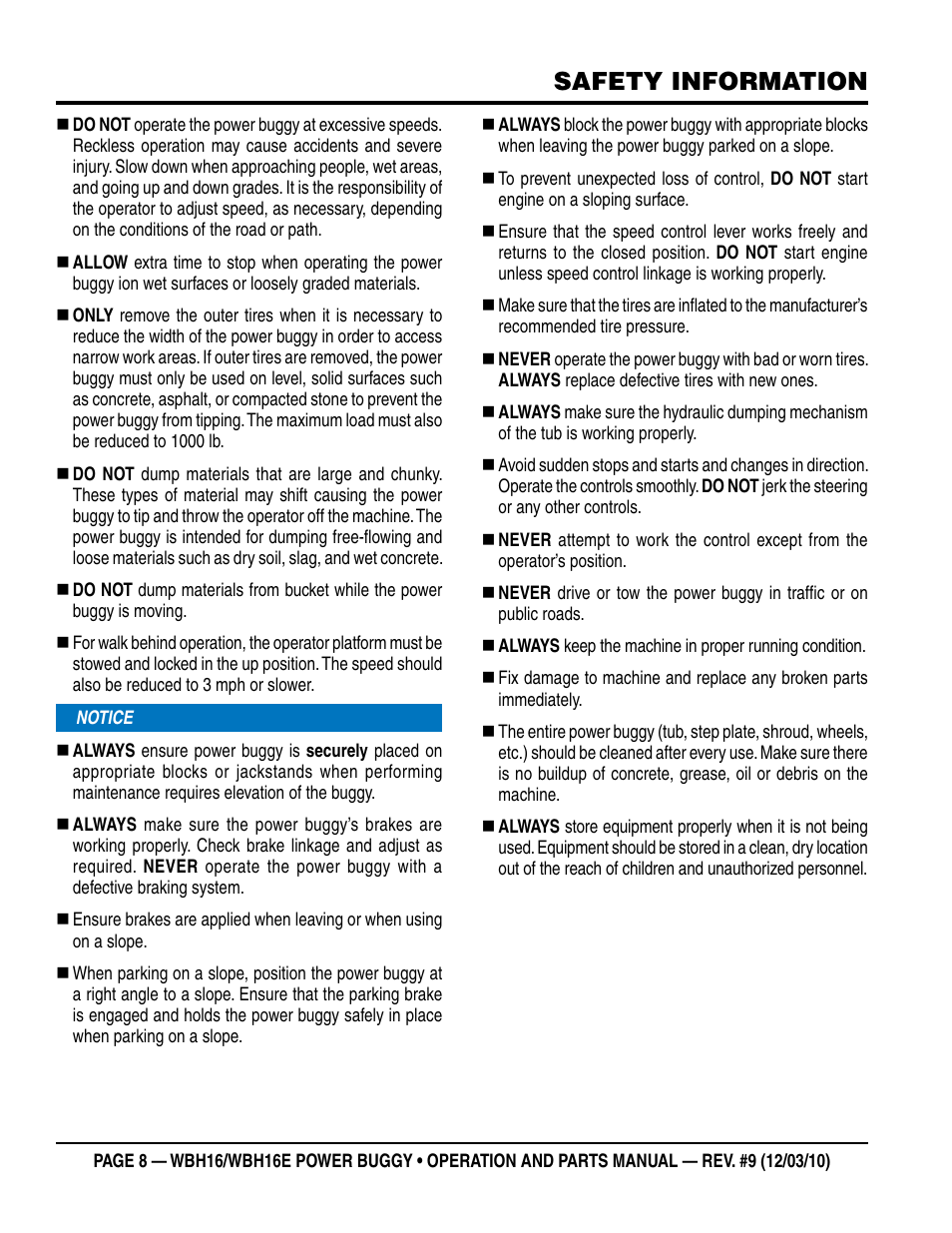Safety information | Multiquip WBH16_16E User Manual | Page 8 / 30