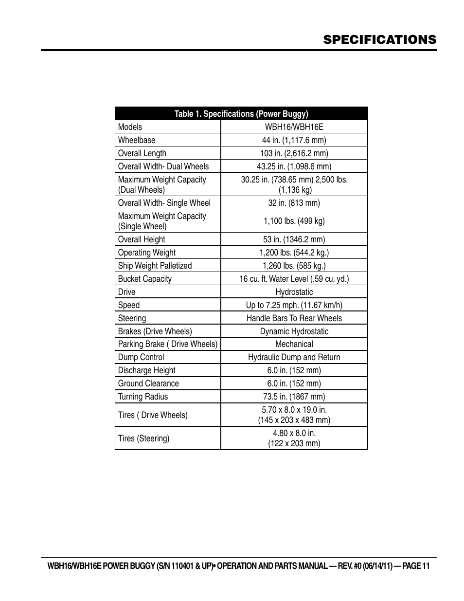 Specifications | Multiquip WBH16_16E User Manual | Page 11 / 64