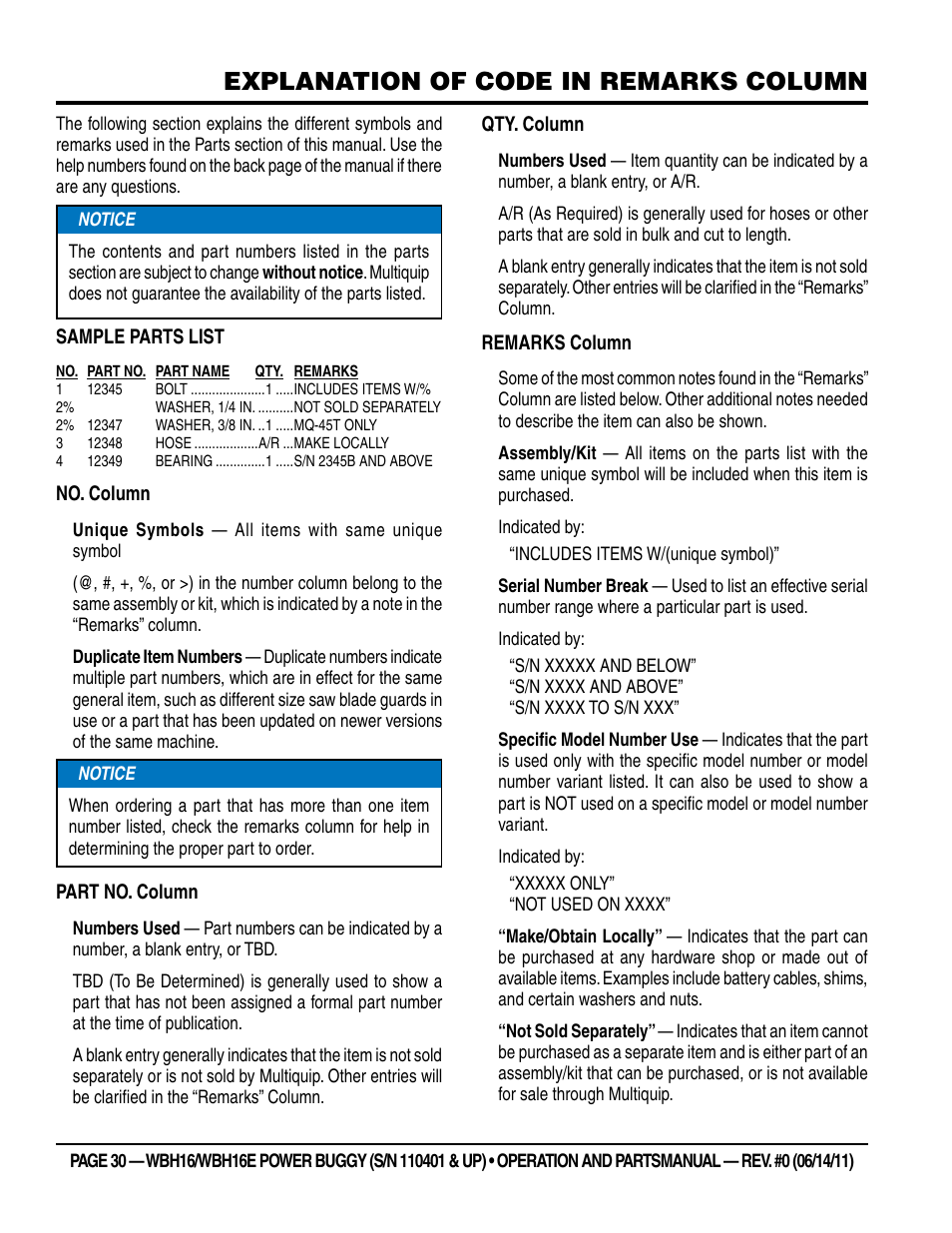 Explanation of code in remarks column | Multiquip WBH16_16E User Manual | Page 30 / 64