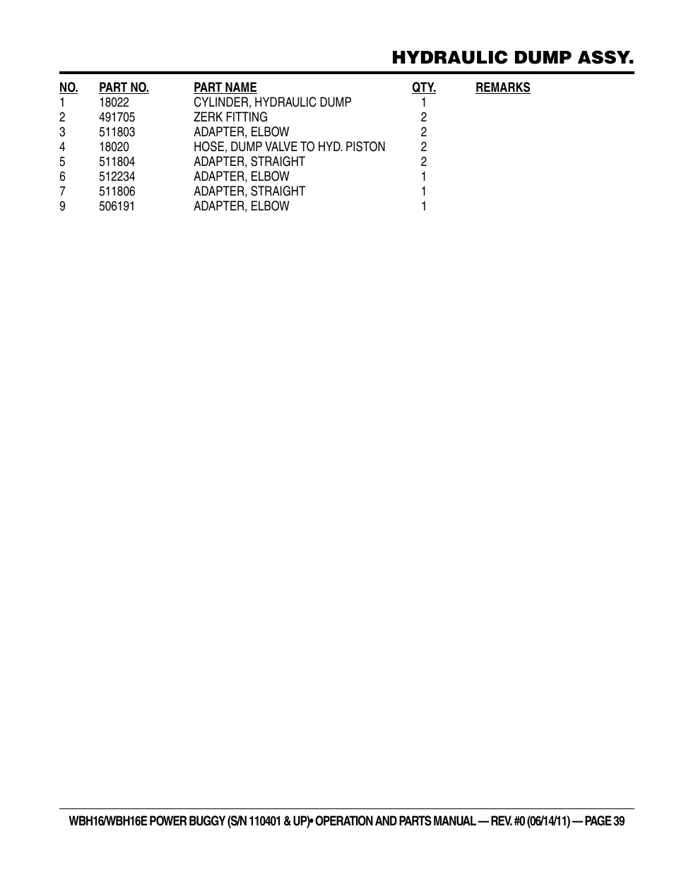 Hydraulic dump assy | Multiquip WBH16_16E User Manual | Page 39 / 64