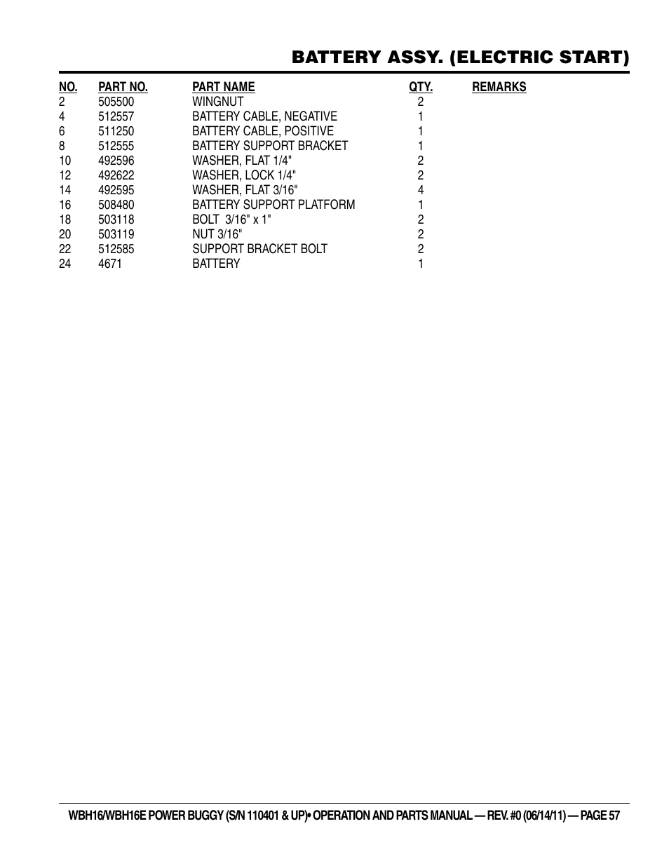 Battery assy. (electric start) | Multiquip WBH16_16E User Manual | Page 57 / 64