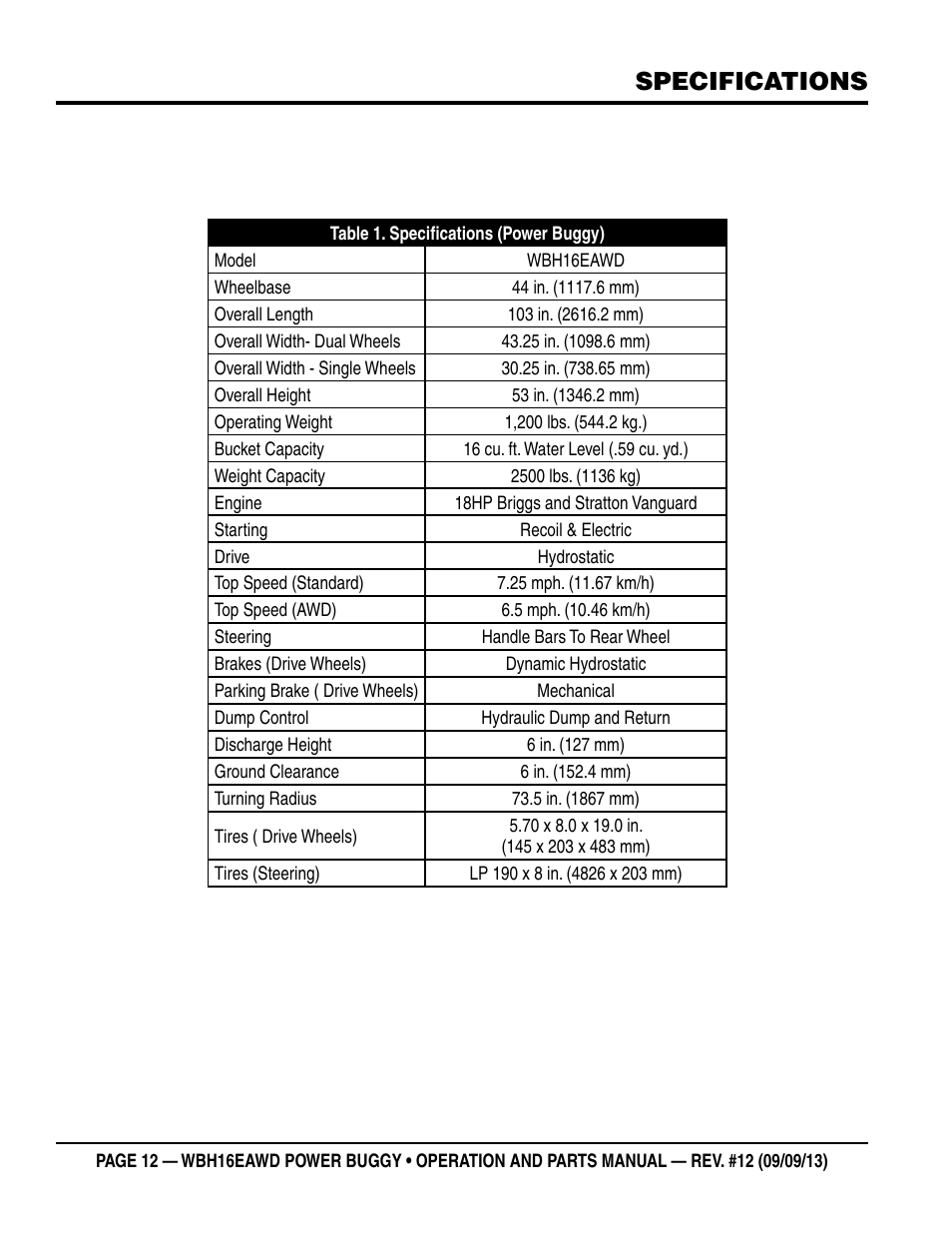 Specifications | Multiquip WBH16EAWD User Manual | Page 12 / 68