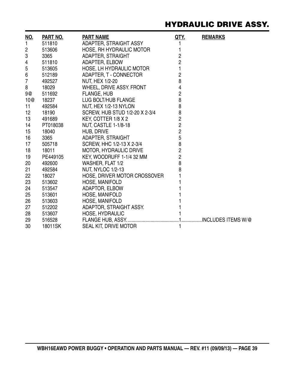 Hydraulic drive assy | Multiquip WBH16EAWD User Manual | Page 39 / 68