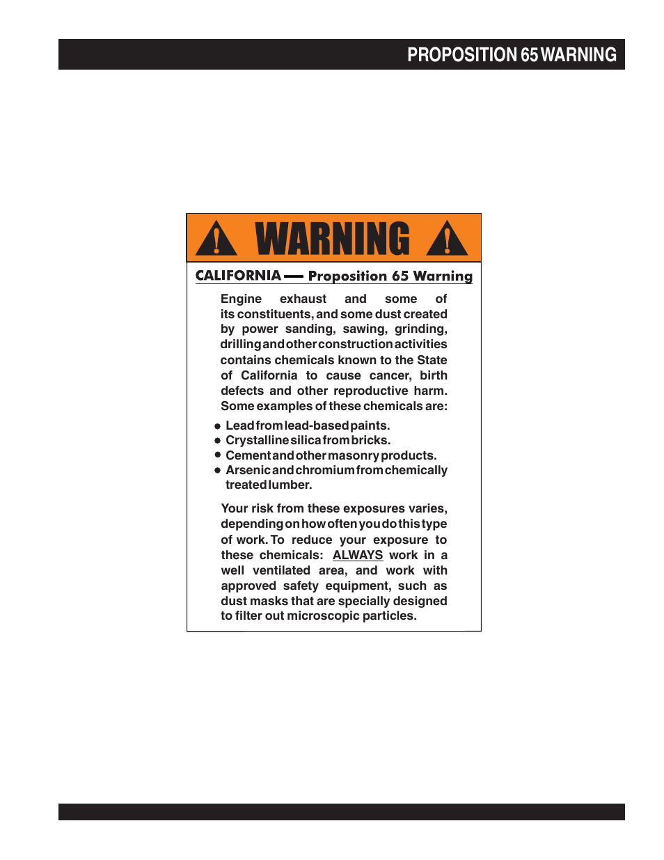 Proposition 65 warning | Multiquip WPB16_16E User Manual | Page 2 / 74