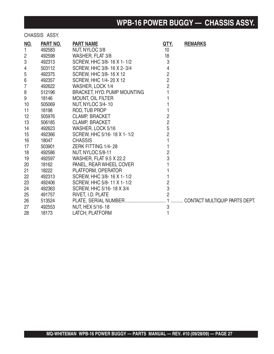 Wpb-16 power buggy — chassis assy | Multiquip WPB16_16E User Manual | Page 27 / 74