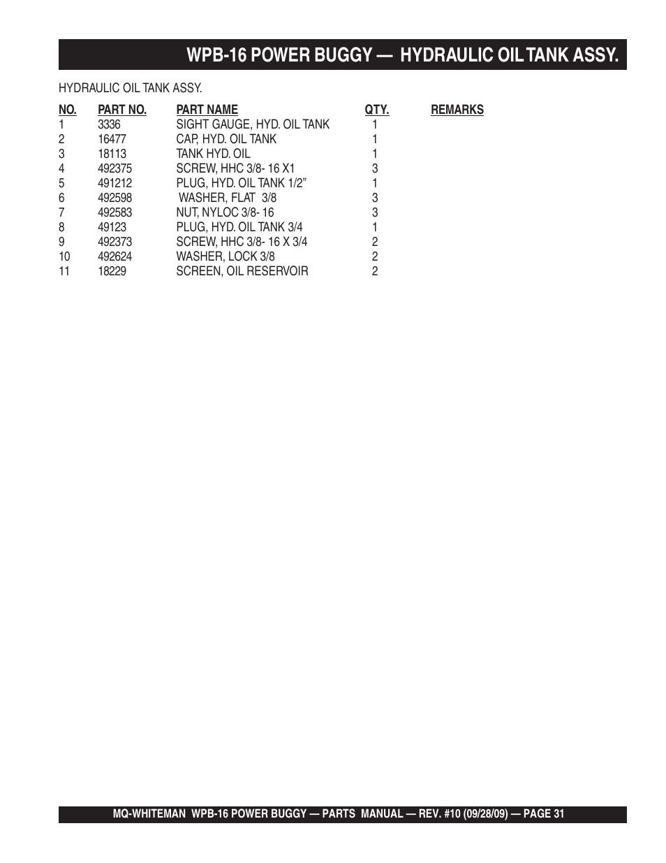 Wpb-16 power buggy — hydraulic oil tank assy | Multiquip WPB16_16E User Manual | Page 31 / 74