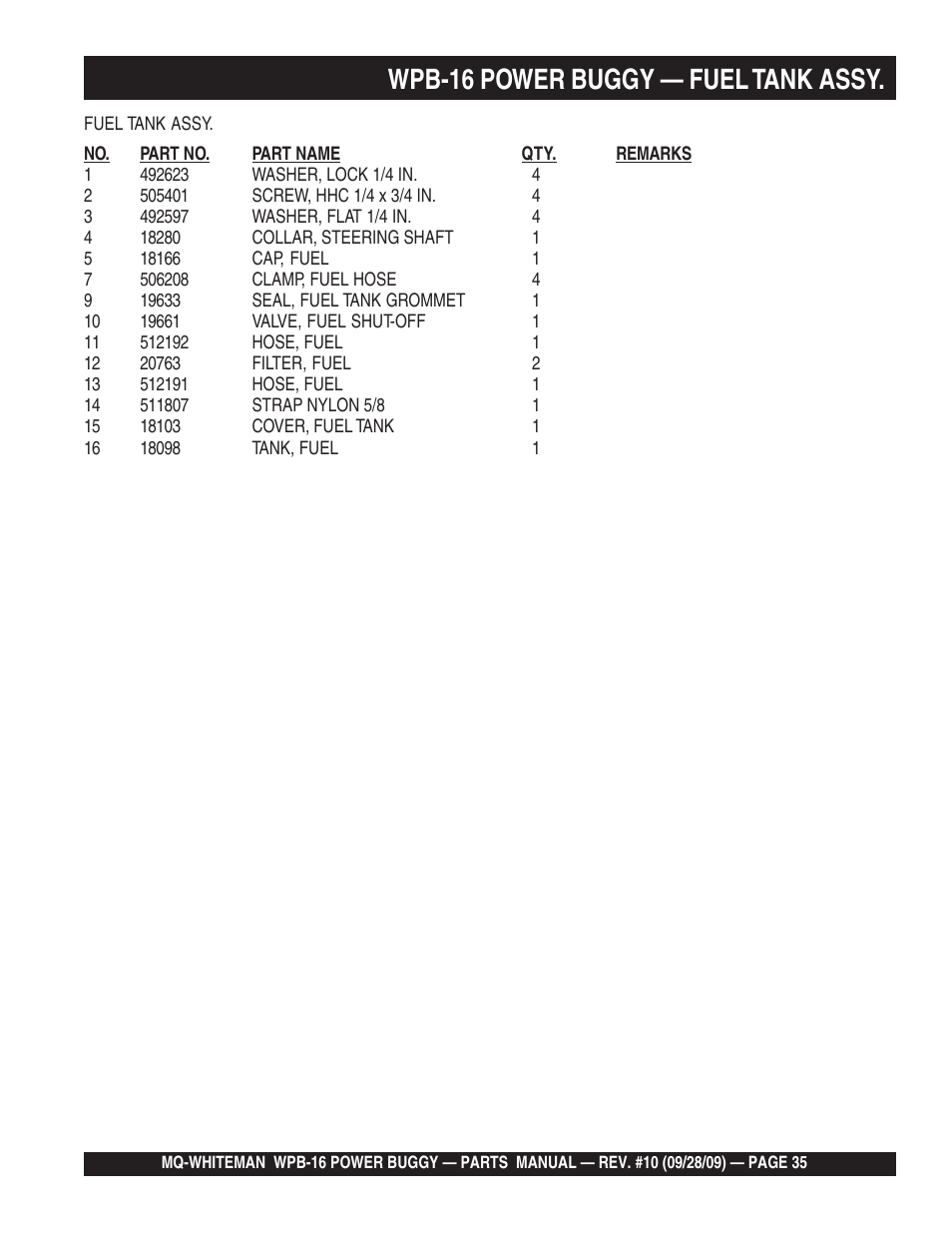 Wpb-16 power buggy — fuel tank assy | Multiquip WPB16_16E User Manual | Page 35 / 74
