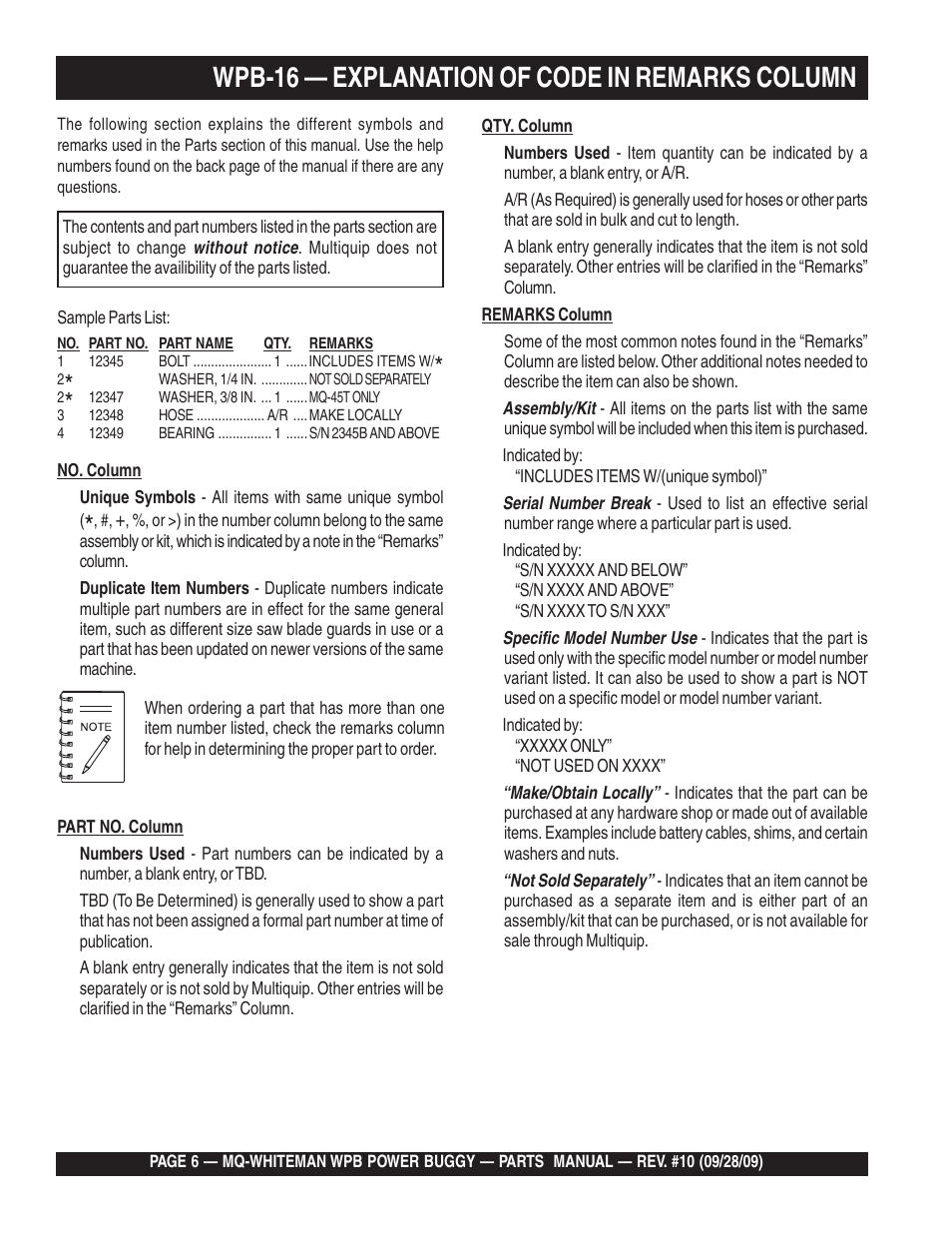 Wpb-16 — explanation of code in remarks column | Multiquip WPB16_16E User Manual | Page 6 / 74