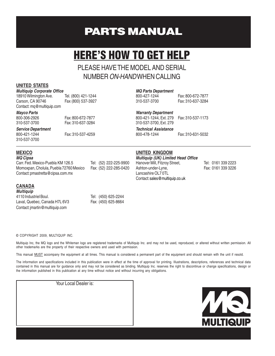 Here’s how to get help, Parts manual, On-hand | Please have the model and serial number, When calling | Multiquip WPB16_16E User Manual | Page 74 / 74