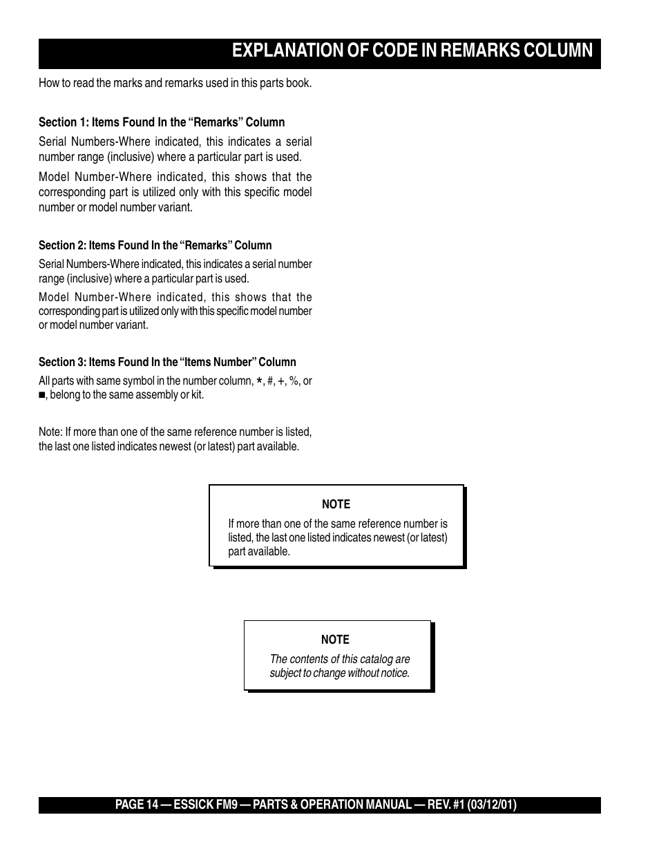 Explanation of code in remarks column | Multiquip FM9 User Manual | Page 14 / 30