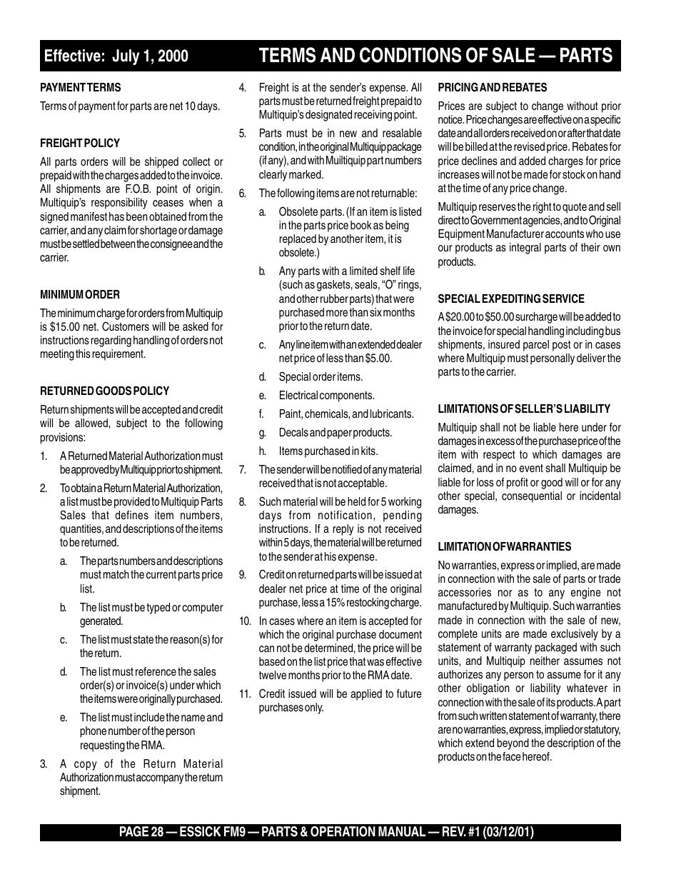 Terms and conditions of sale — parts | Multiquip FM9 User Manual | Page 28 / 30