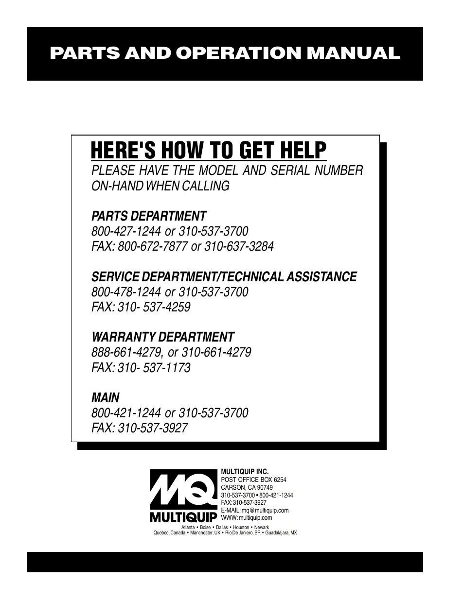 Here's how to get help, Parts and operation manual | Multiquip FM9 User Manual | Page 30 / 30