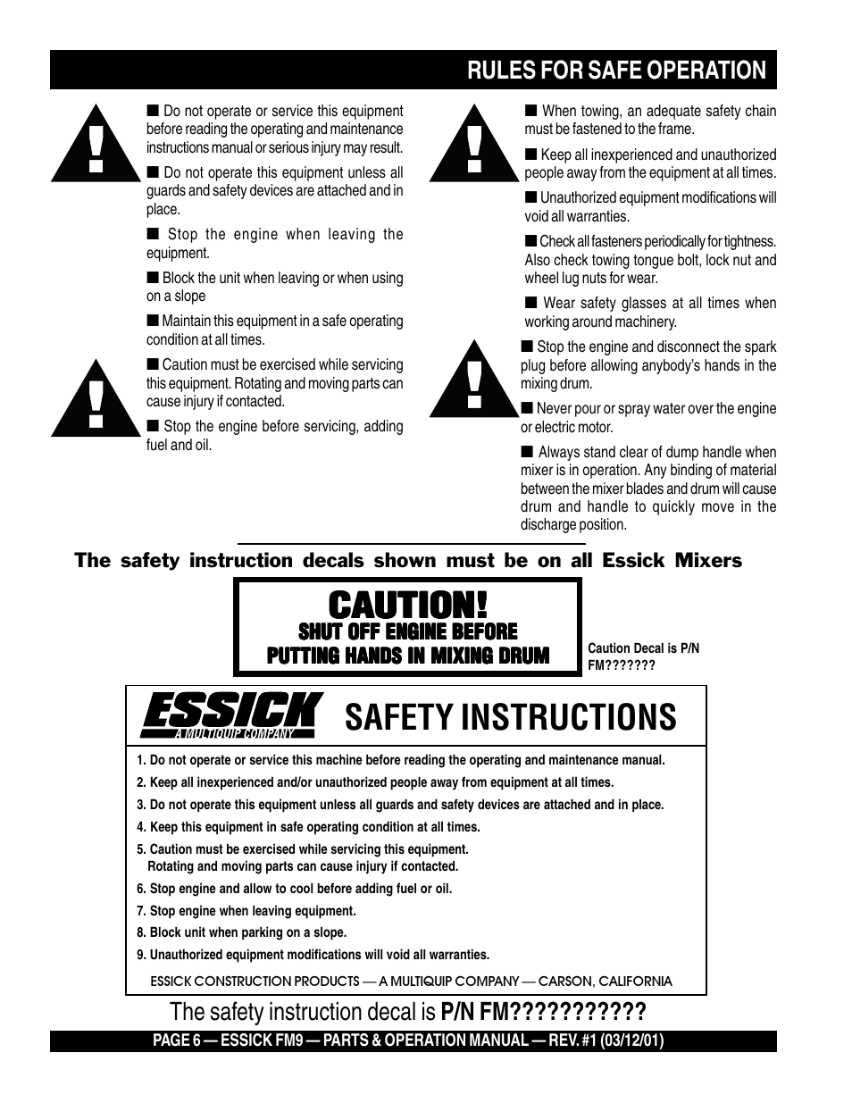 Safety instructions, Caution | Multiquip FM9 User Manual | Page 6 / 30