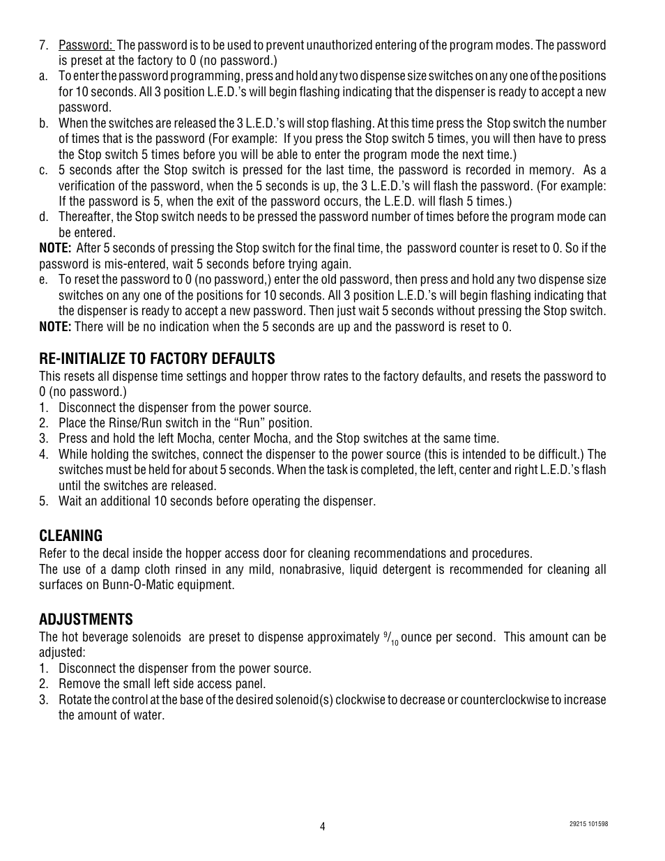 Re-initialize to factory defaults, Cleaning, Adjustments | Bunn FMD DBC-3 4-CUP User Manual | Page 4 / 4