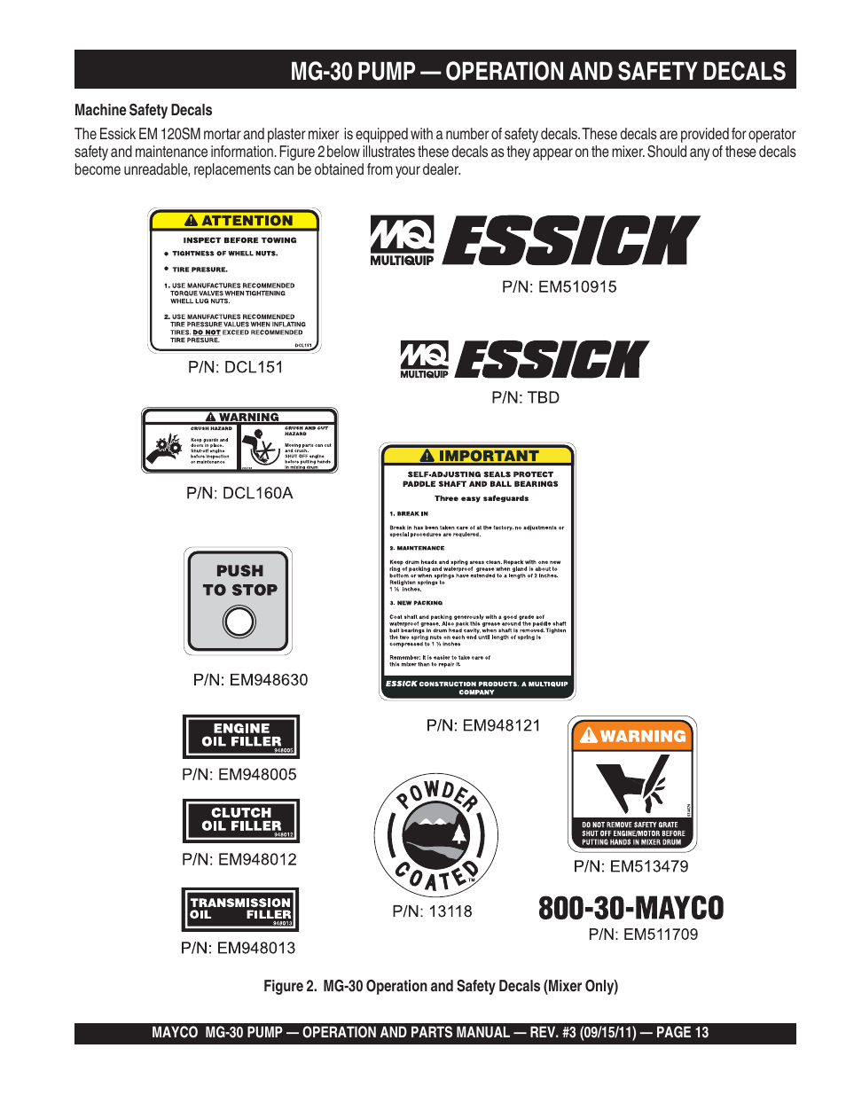 Mg-30 pump — operation and safety decals | Multiquip MG30M2D User Manual | Page 13 / 170
