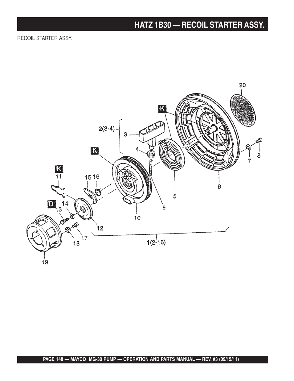 Hatz 1b30 — recoil starter assy | Multiquip MG30M2D User Manual | Page 148 / 170