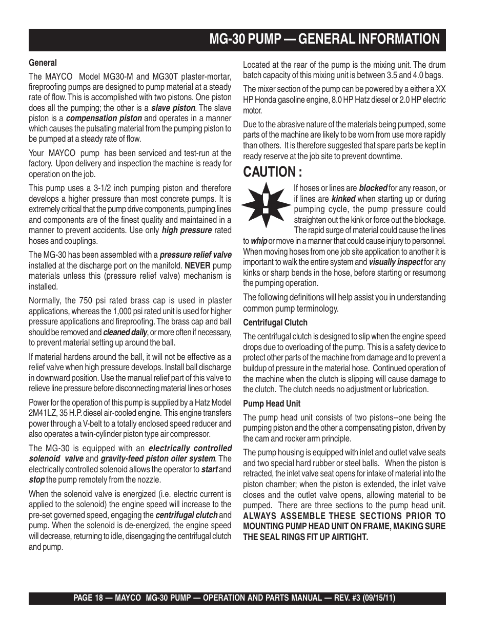 Mg-30 pump — general information, Caution | Multiquip MG30M2D User Manual | Page 18 / 170