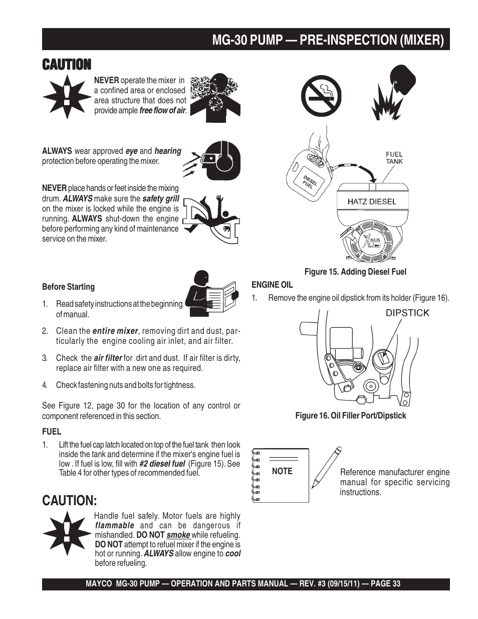 Mg-30 pump — pre-inspection (mixer), Caution | Multiquip MG30M2D User Manual | Page 33 / 170