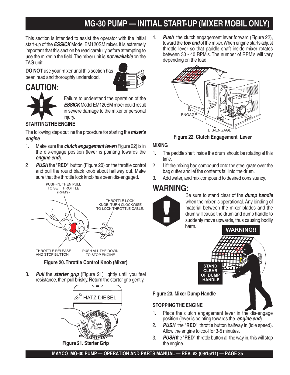 Mg-30 pump — initial start-up (mixer mobil only), Caution, Warning | Multiquip MG30M2D User Manual | Page 35 / 170