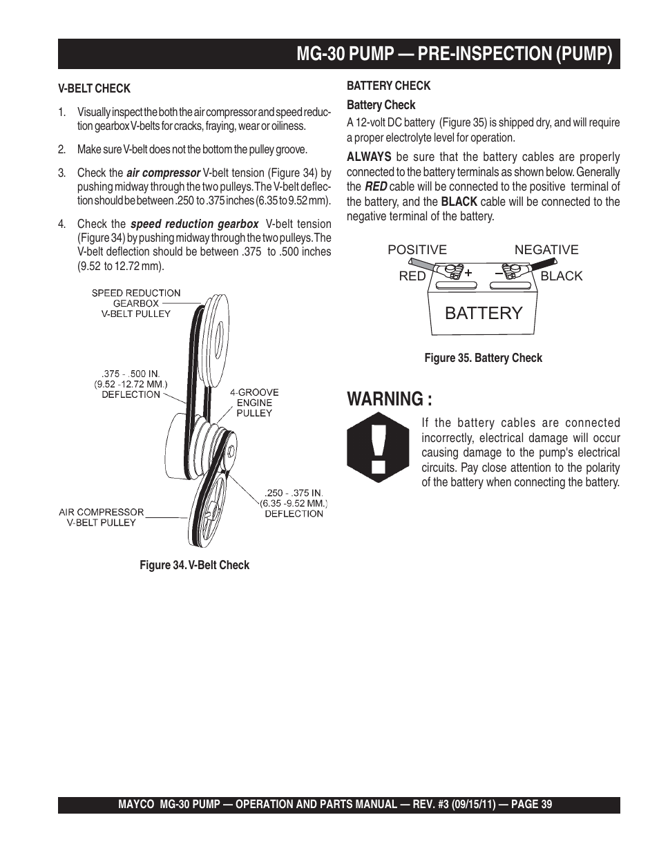 Mg-30 pump — pre-inspection (pump), Warning, Battery | Multiquip MG30M2D User Manual | Page 39 / 170