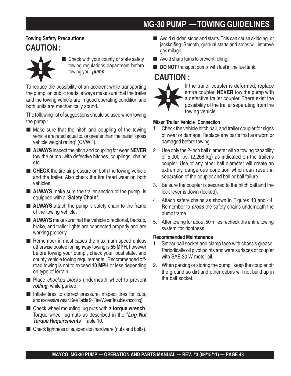 Mg-30 pump — towing guidelines, Caution | Multiquip MG30M2D User Manual | Page 43 / 170