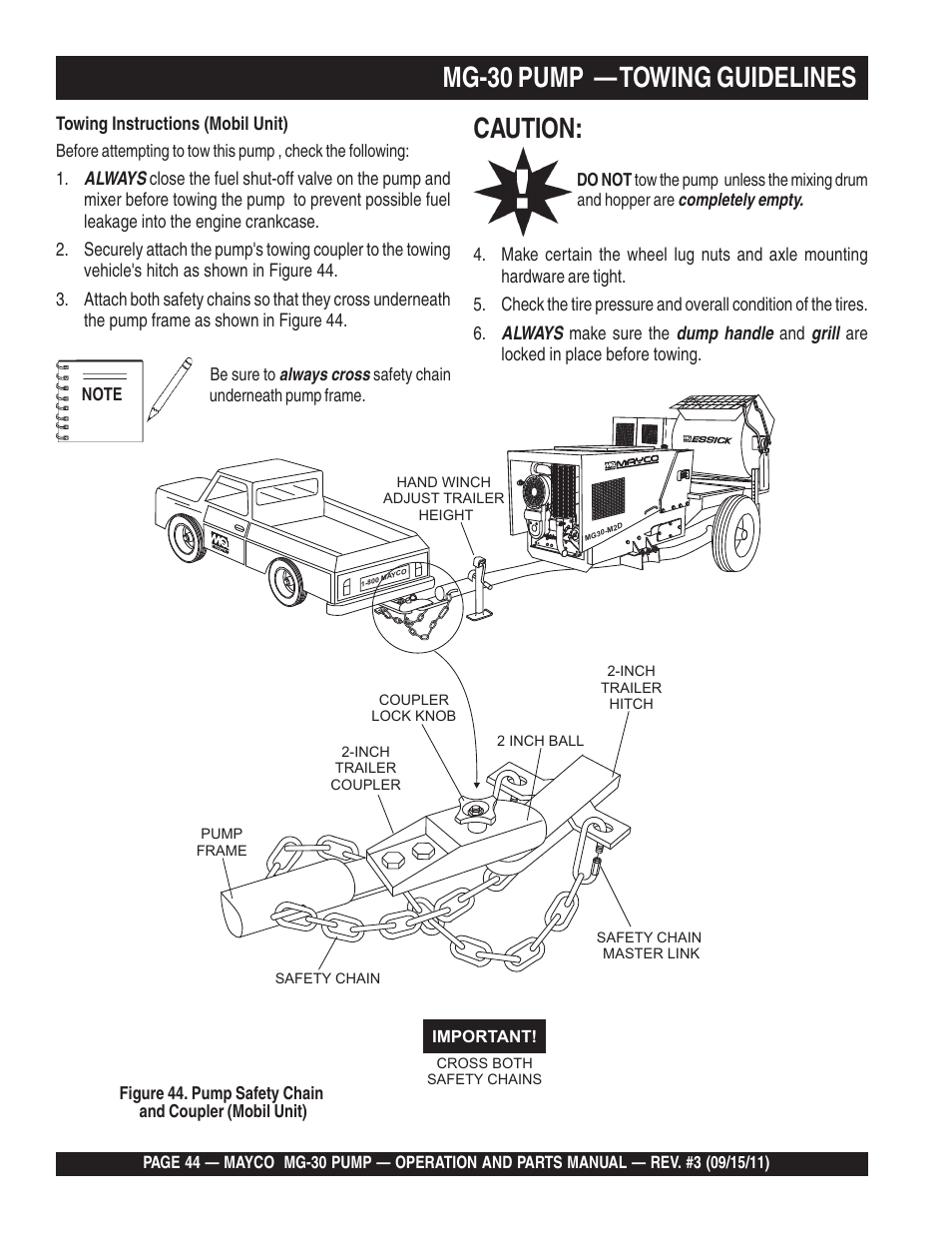 Mg-30 pump — towing guidelines, Caution | Multiquip MG30M2D User Manual | Page 44 / 170