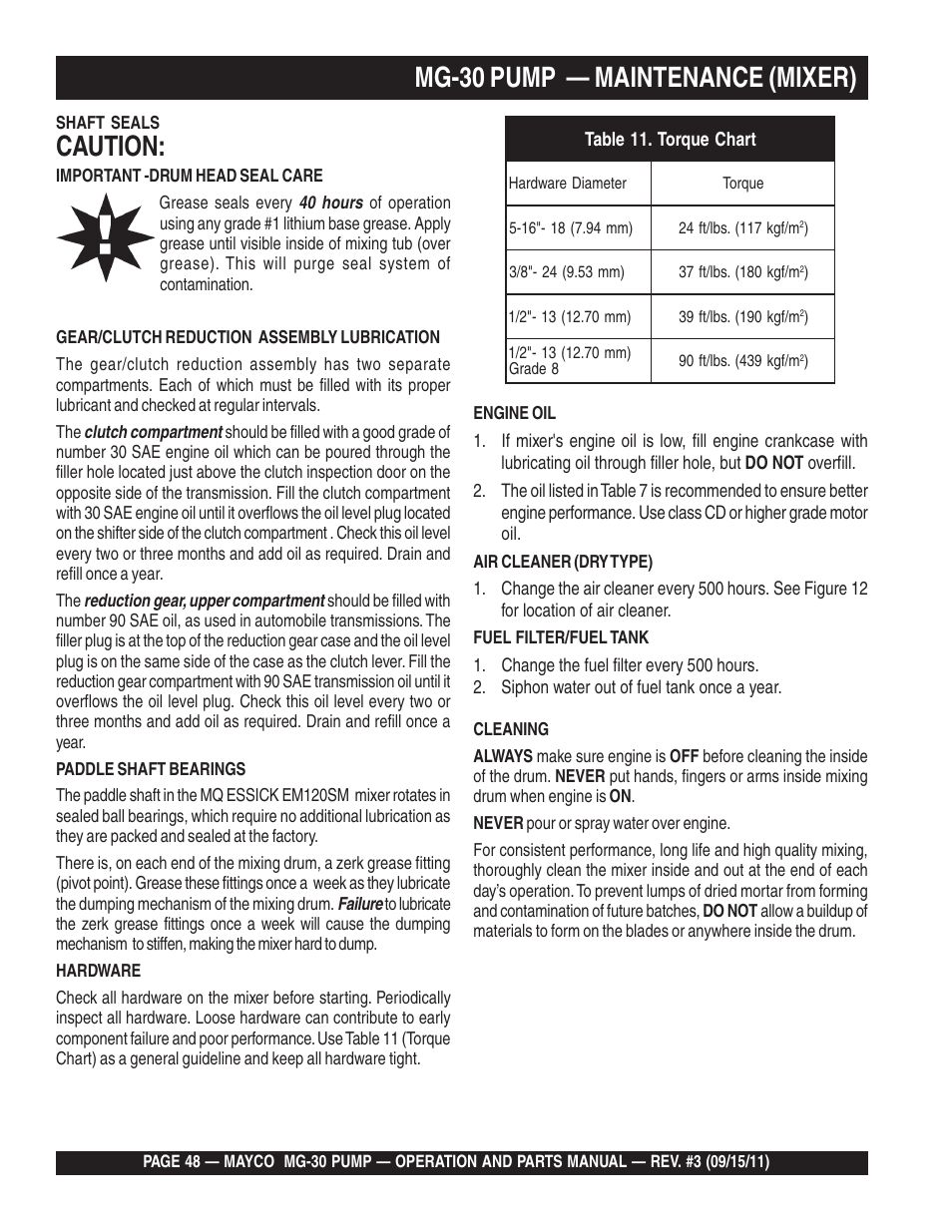 Caution, Mg-30 pump — maintenance (mixer) | Multiquip MG30M2D User Manual | Page 48 / 170