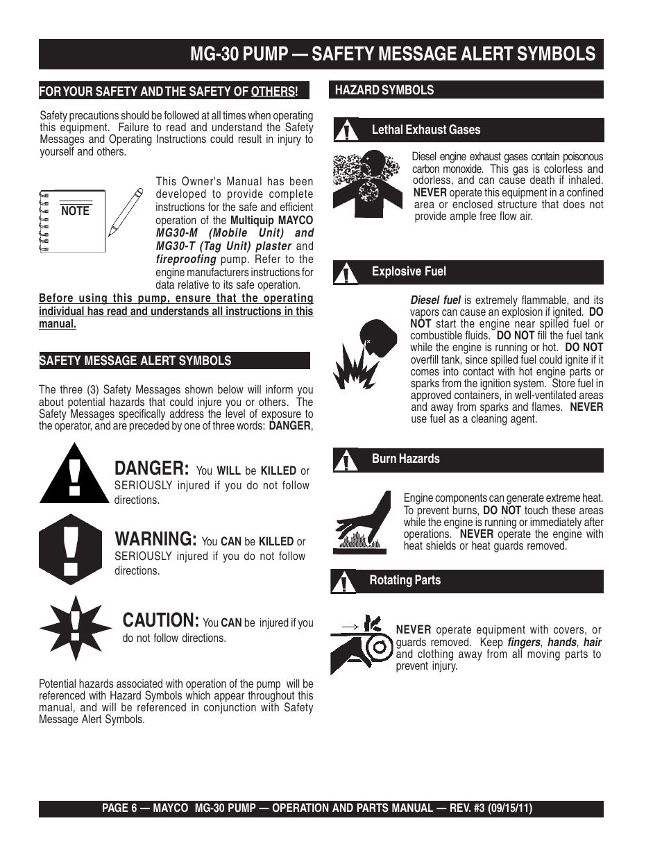 Danger, Warning, Mg-30 pump — safety message alert symbols | Caution | Multiquip MG30M2D User Manual | Page 6 / 170