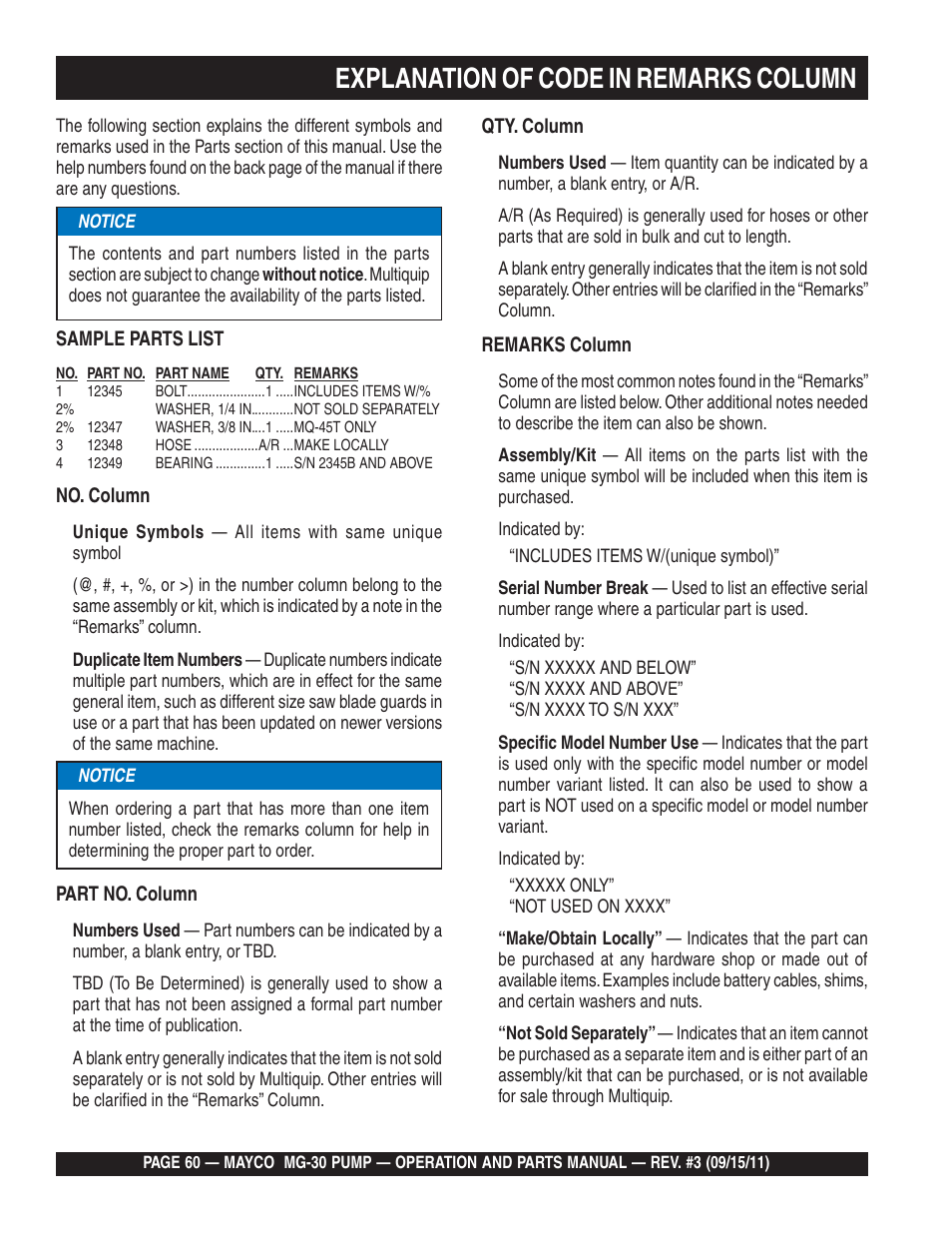 Explanation of code in remarks column | Multiquip MG30M2D User Manual | Page 60 / 170