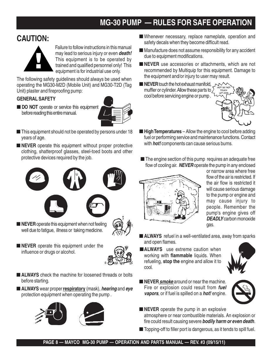 Caution, Mg-30 pump — rules for safe operation | Multiquip MG30M2D User Manual | Page 8 / 170