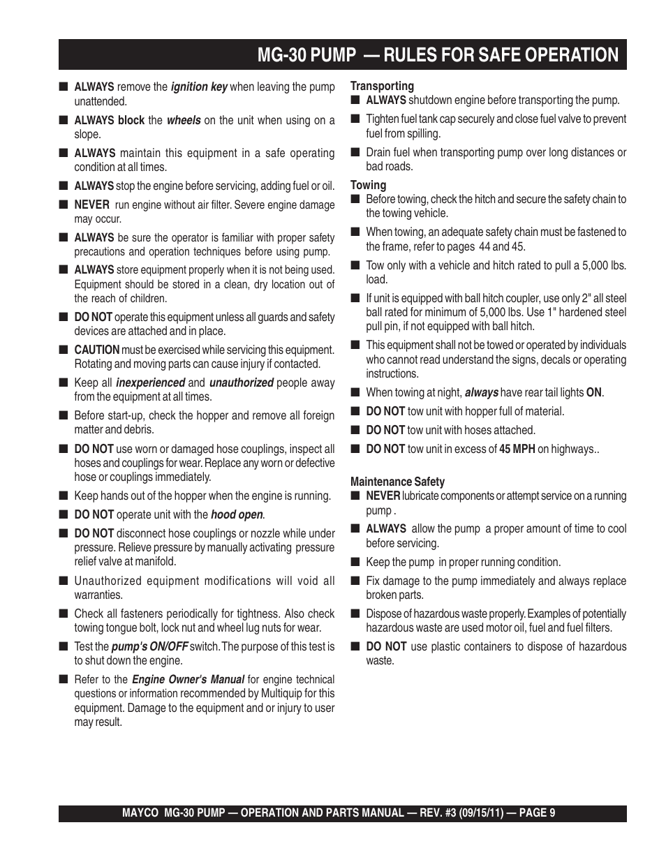 Mg-30 pump — rules for safe operation | Multiquip MG30M2D User Manual | Page 9 / 170