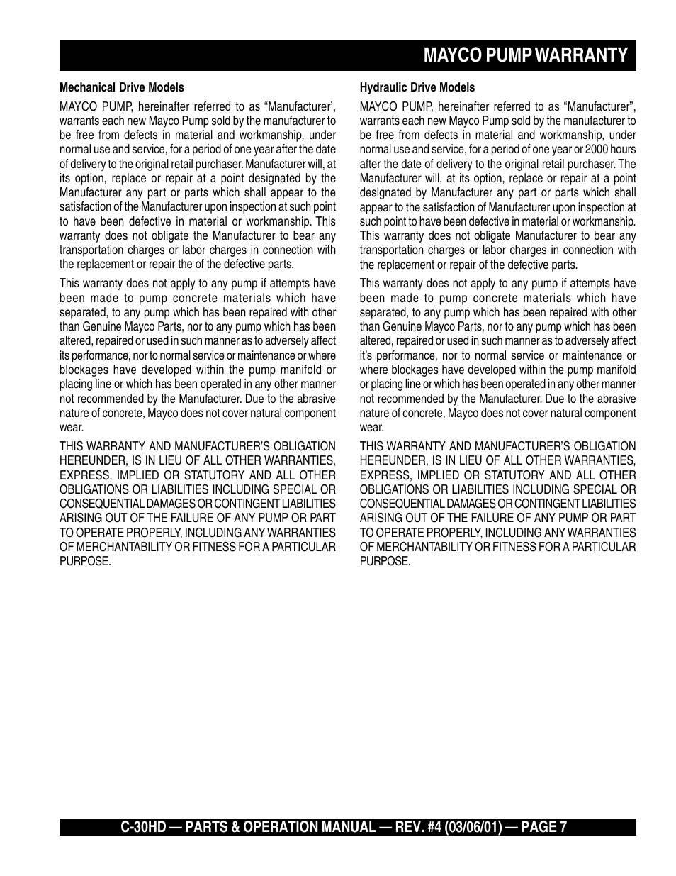 Mayco pump warranty | Multiquip C30HD User Manual | Page 7 / 94