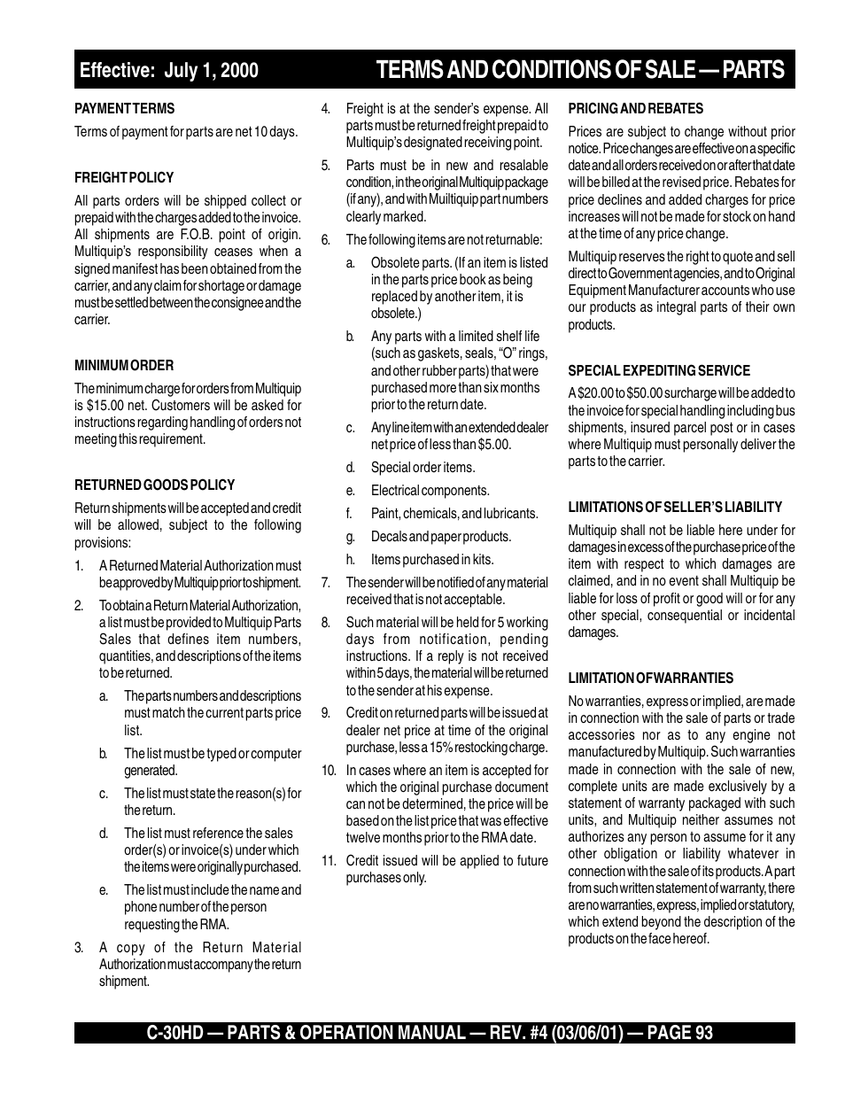 Terms and conditions of sale — parts | Multiquip C30HD User Manual | Page 93 / 94