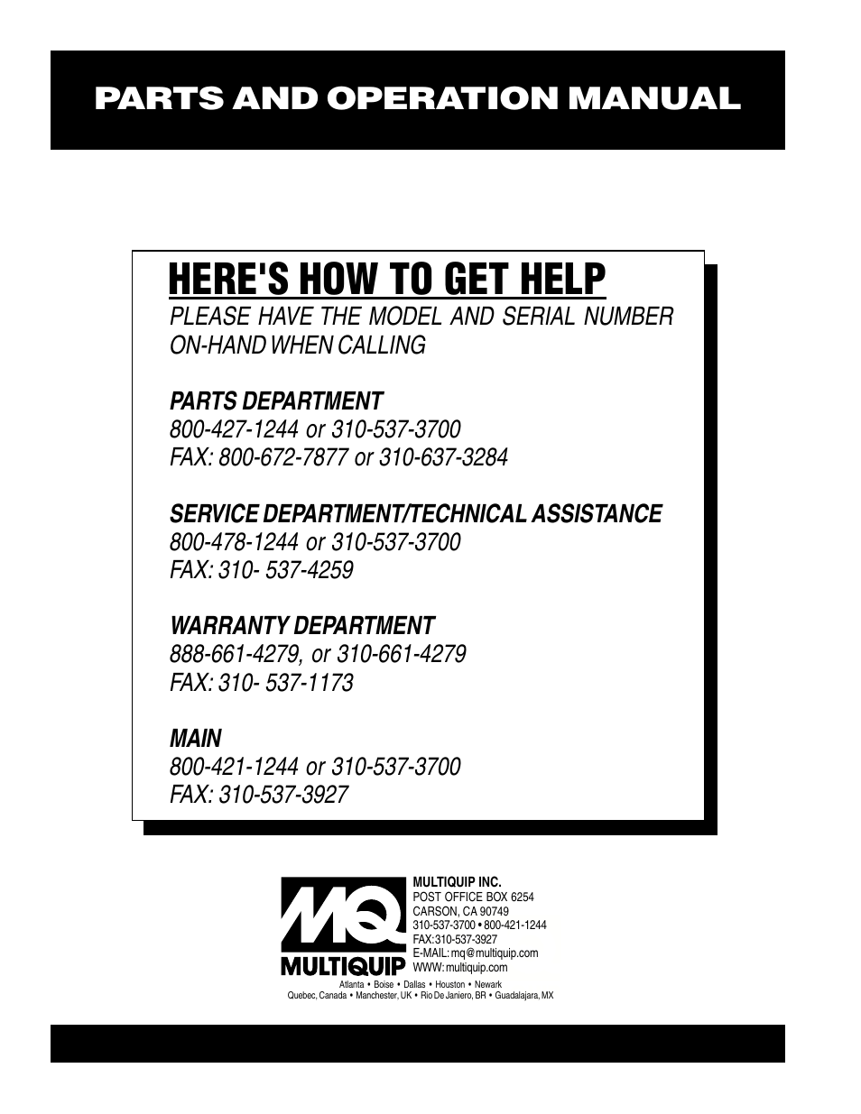 Here's how to get help, Parts and operation manual | Multiquip C30HD User Manual | Page 94 / 94