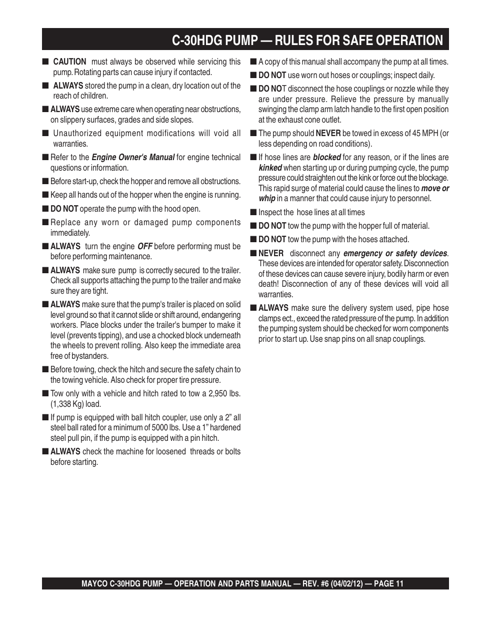 C-30hdg pump — rules for safe operation | Multiquip C30HDG User Manual | Page 11 / 112