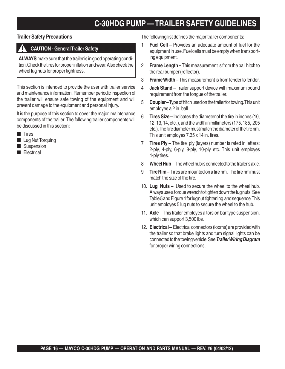 C-30hdg pump — trailer safety guidelines | Multiquip C30HDG User Manual | Page 16 / 112