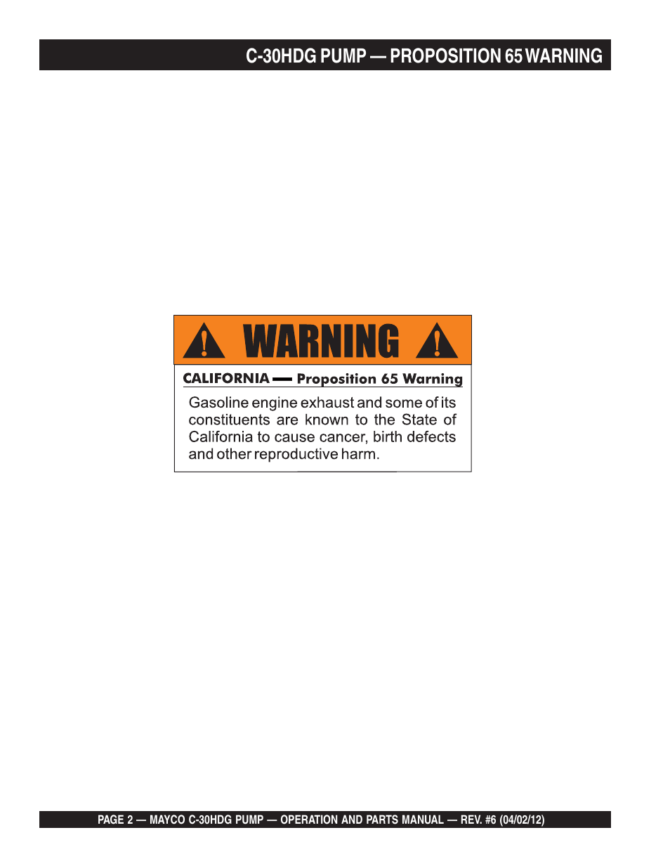 C-30hdg pump — proposition 65 warning | Multiquip C30HDG User Manual | Page 2 / 112