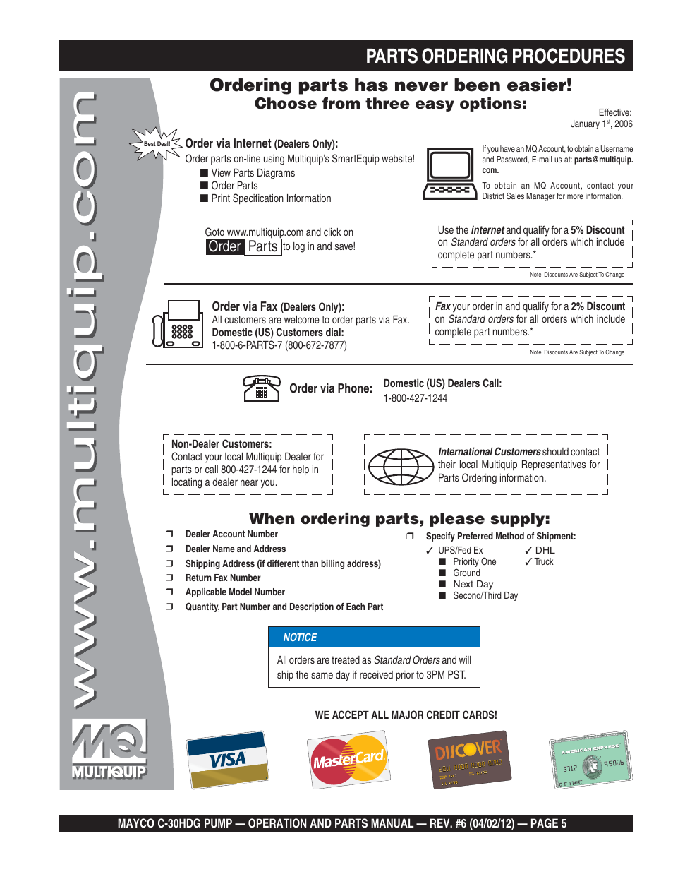 Parts ordering procedures, Ordering parts has never been easier, Choose from three easy options | When ordering parts, please supply, Order parts | Multiquip C30HDG User Manual | Page 5 / 112