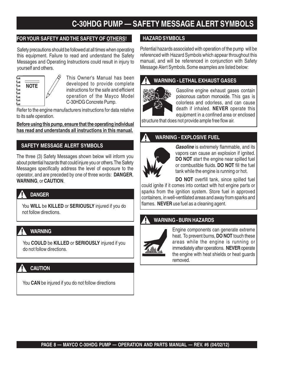 C-30hdg pump — safety message alert symbols | Multiquip C30HDG User Manual | Page 8 / 112