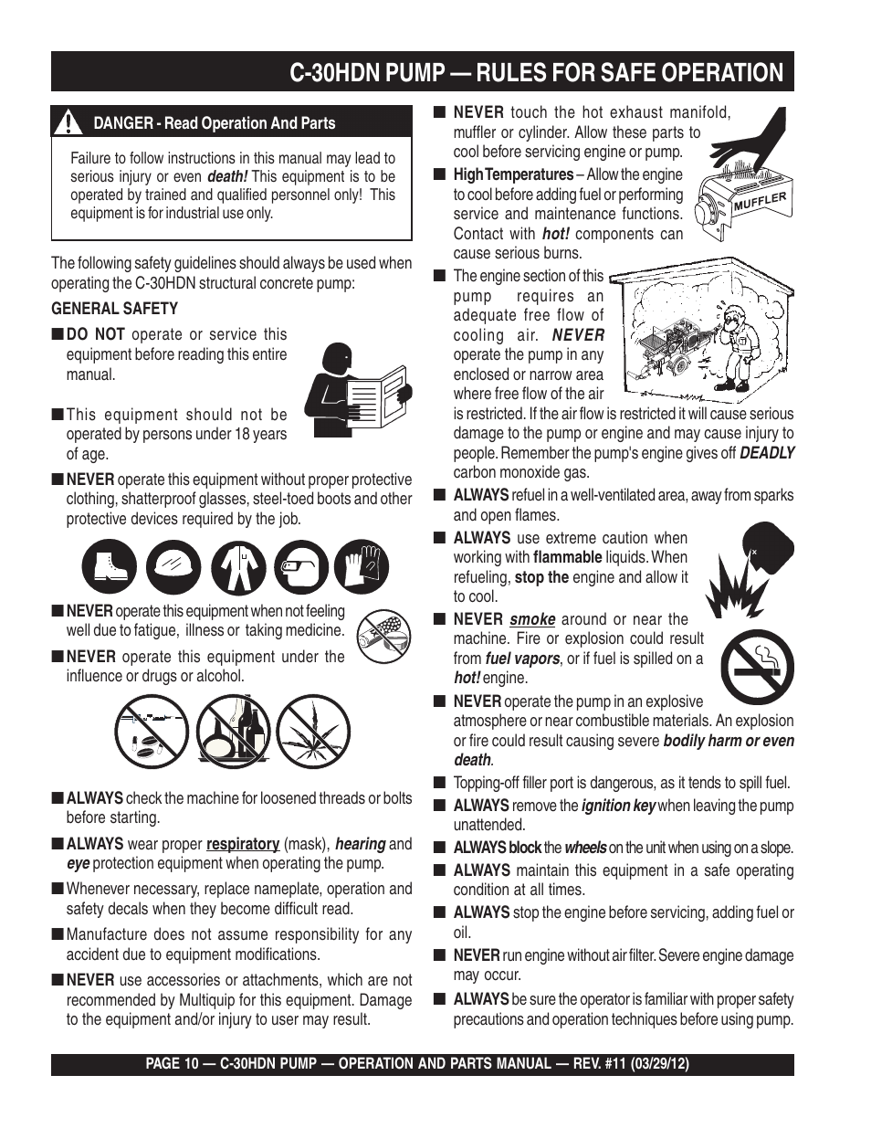 C-30hdn pump — rules for safe operation | Multiquip C30HDN User Manual | Page 10 / 148