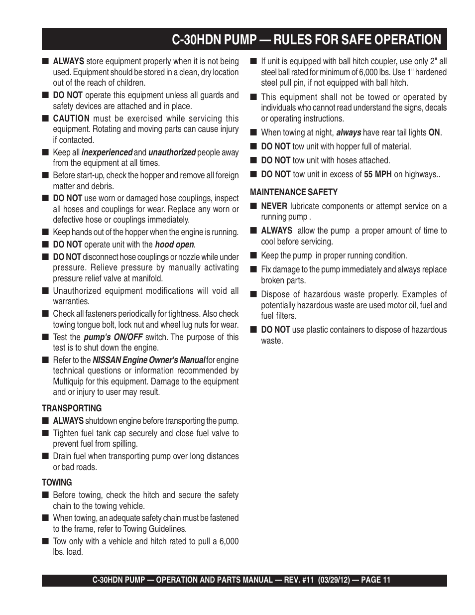 C-30hdn pump — rules for safe operation | Multiquip C30HDN User Manual | Page 11 / 148