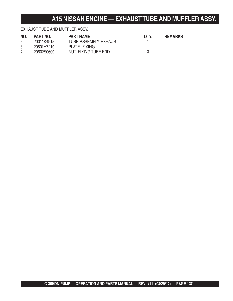 A15 nissan engine — exhaust tube and muffler assy | Multiquip C30HDN User Manual | Page 137 / 148