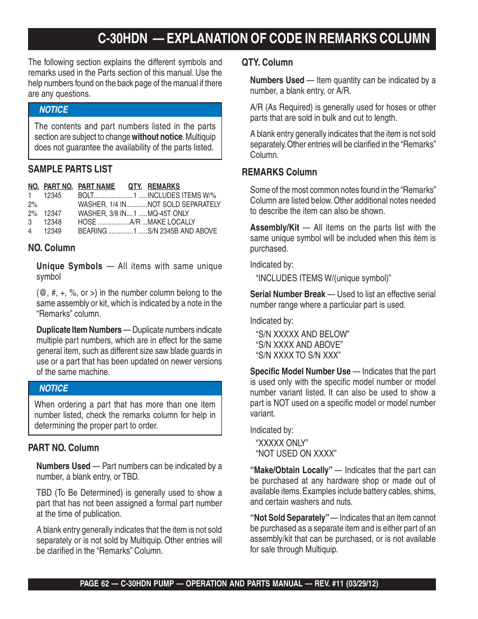 C-30hdn — explanation of code in remarks column | Multiquip C30HDN User Manual | Page 62 / 148