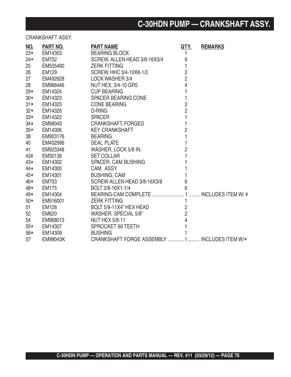 C-30hdn pump — crankshaft assy | Multiquip C30HDN User Manual | Page 75 / 148