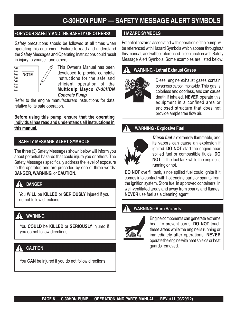 C-30hdn pump — safety message alert symbols | Multiquip C30HDN User Manual | Page 8 / 148
